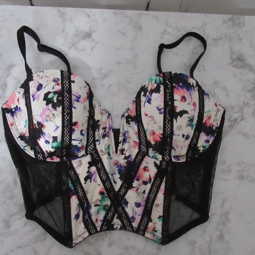 Victorias Secret Bra 32D Black Floral Lined Demi Underwire Corset Longline‎